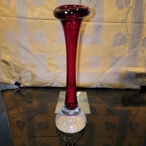 Ruby Red Art Glass Vase Aseda Sweden Clear Base Controll Bubbles 8.5 Tall